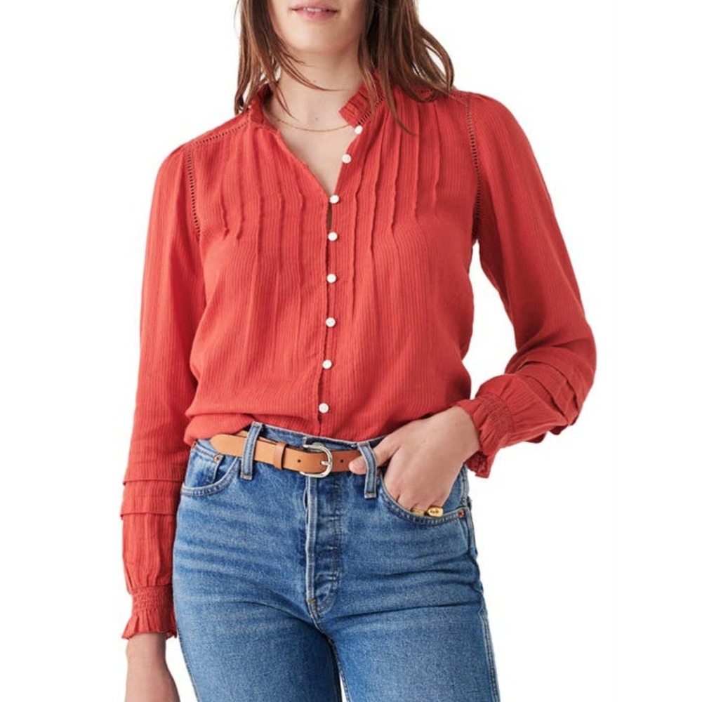 Faherty 100% Organic Cotton Willa Button Front Peasant Blouse‎ Carmine Red Small